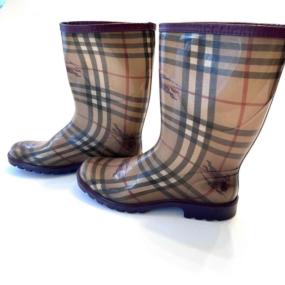 Burberry Haymarket Check Mid Calf Rain Boots Leather Trim 39